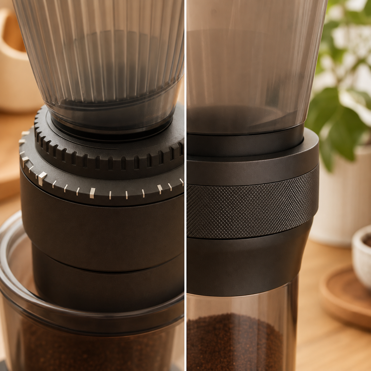 A stepped adjustment ring versus a smooth stepless collar on a coffee grinder