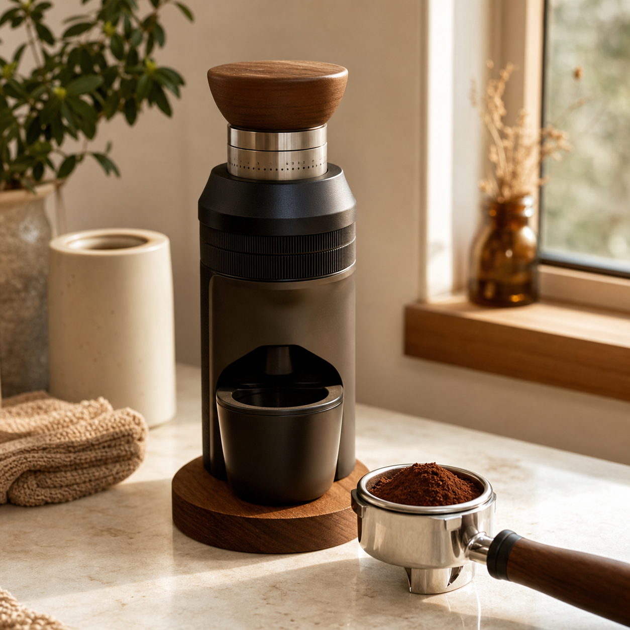 A single-dose espresso grinder next to a portafilter