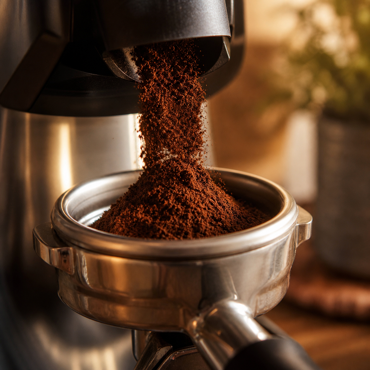 Fresh espresso grinds falling into a portafilter basket