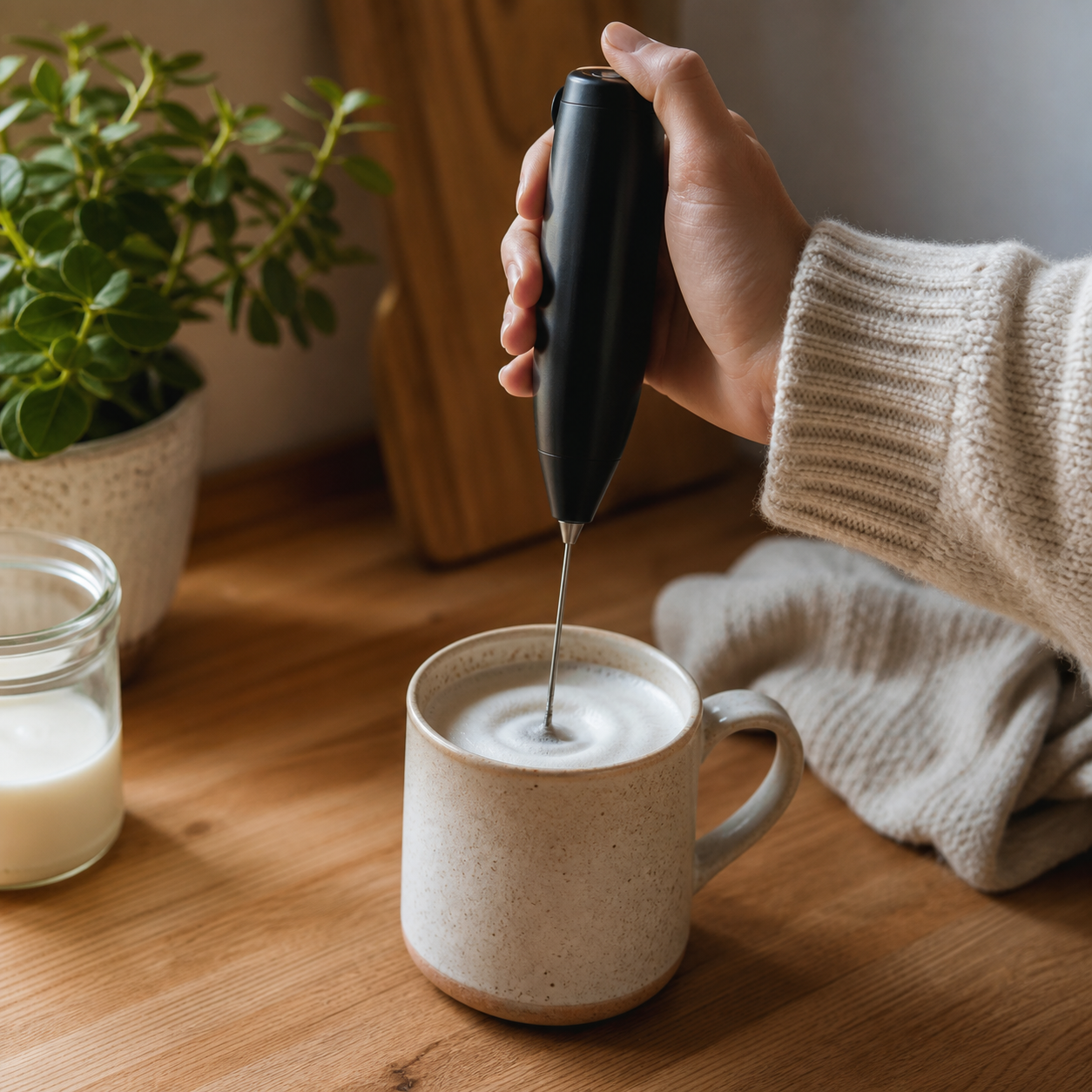A handheld milk frother whipping foam in a mug of warm milk