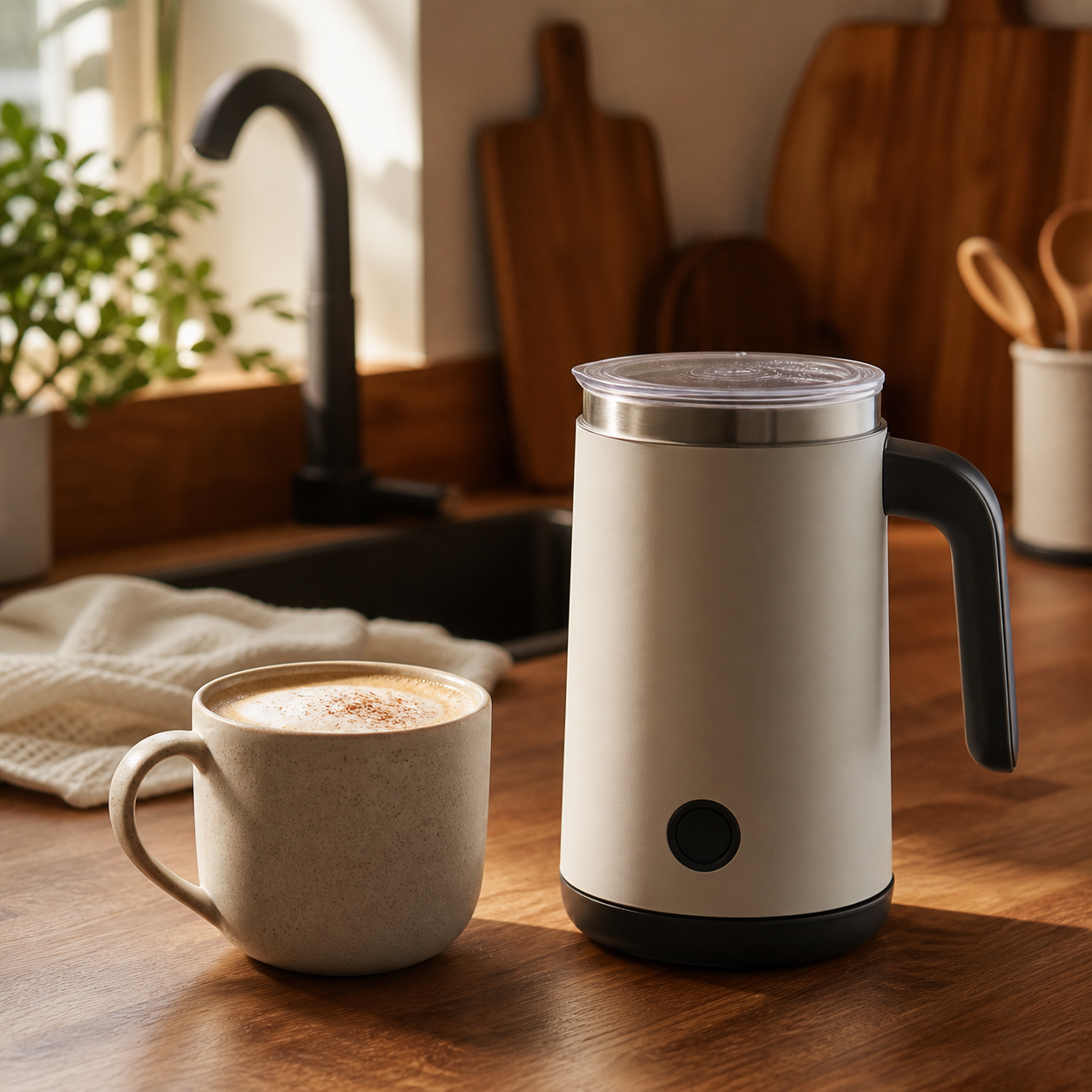 An electric standalone milk frother on a kitchen counter next to a mug