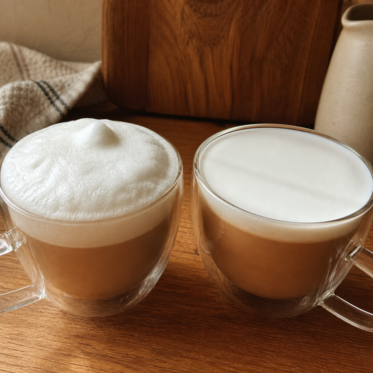 Dry fluffy milk foam next to fine glossy microfoam, a texture comparison