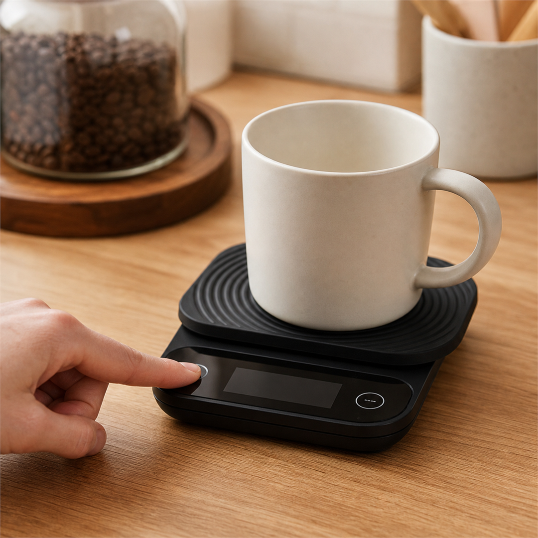 A hand pressing the tare button on a digital coffee scale with a mug on top