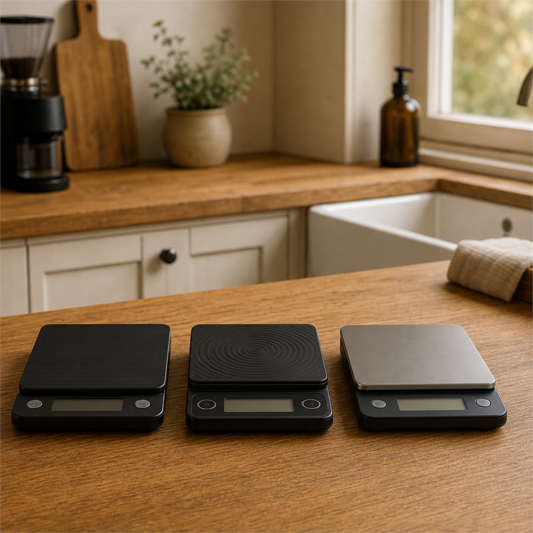 Three budget coffee scales lined up side by side on a kitchen counter
