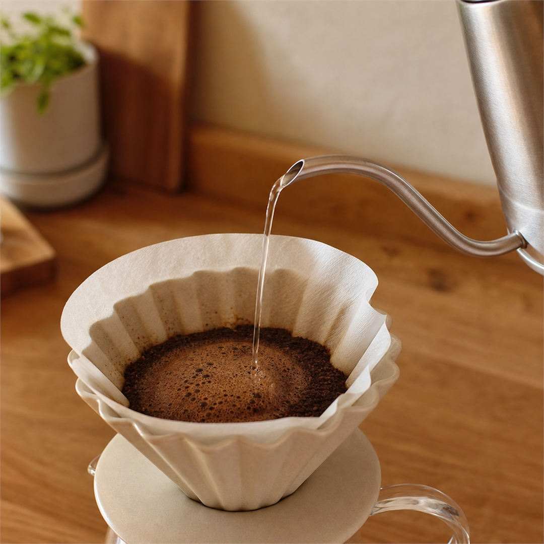 A gooseneck kettle spout pouring a thin controlled stream over coffee grounds