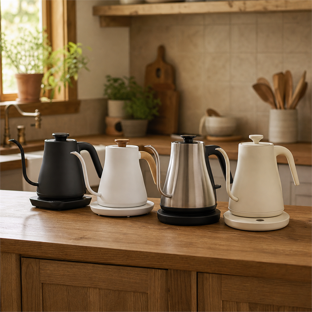 Several gooseneck kettles lined up on a kitchen counter
