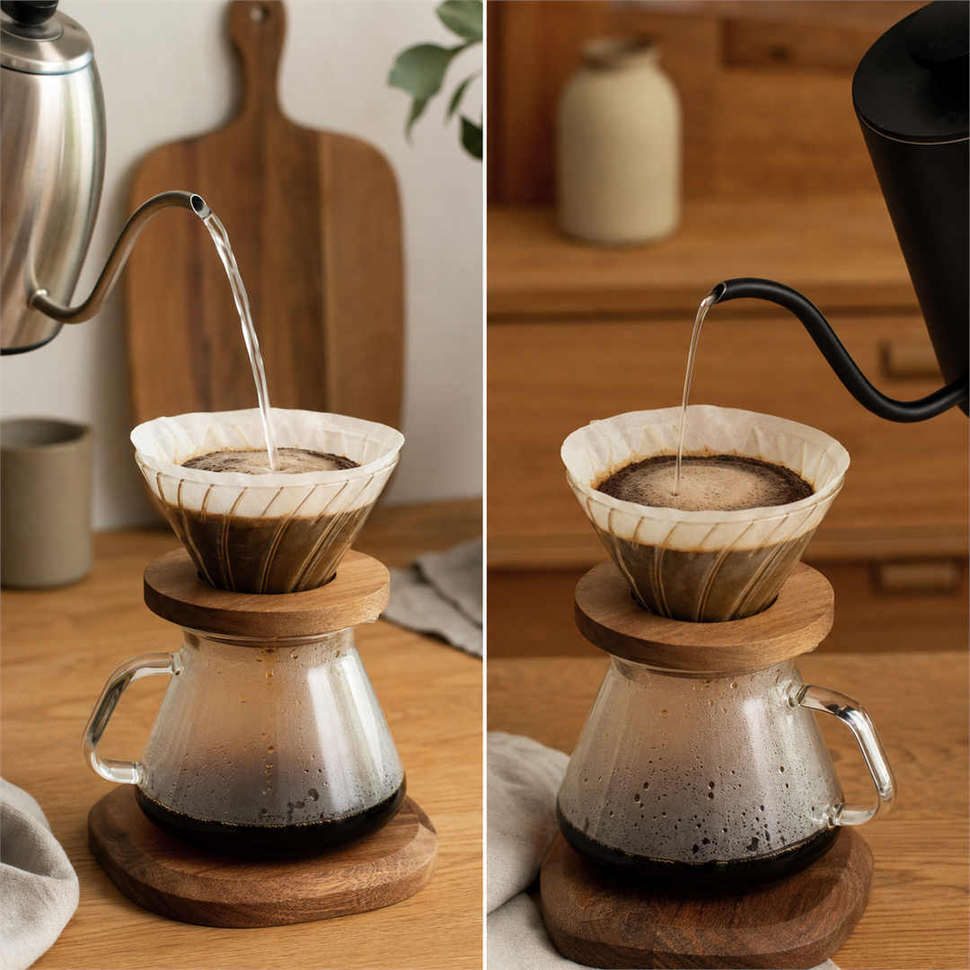 A wide fast pour and a thin controlled gooseneck pour over coffee grounds, side by side