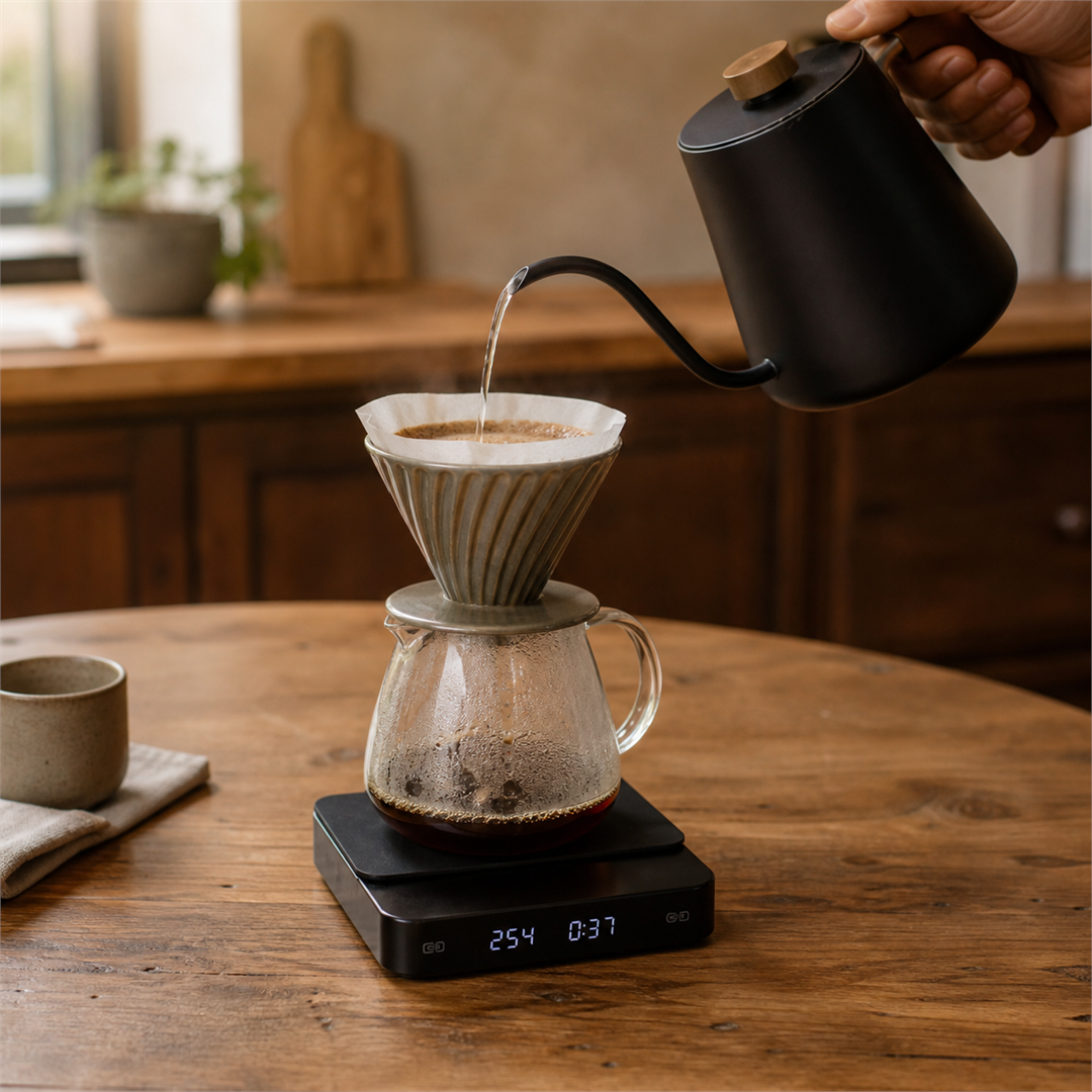 Pouring water over a pour-over dripper on a coffee scale showing grams and a timer